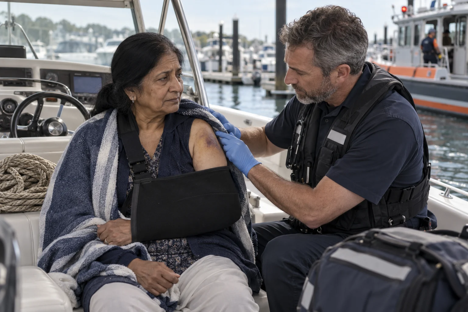 A maritime medic assessing an injured passenger beside a motorboat helm.
