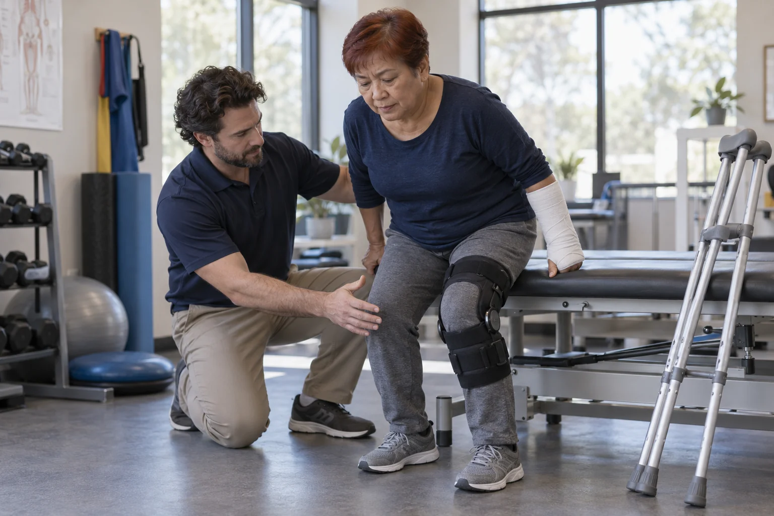 A physiotherapist guiding supported movement for a patient with joint and bone injuries.