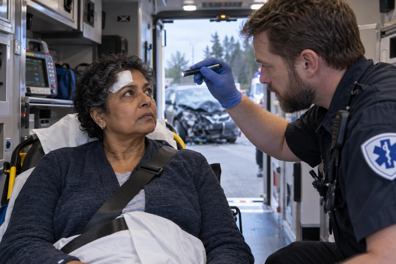 A paramedic checking a patient's eyes after a car collision.