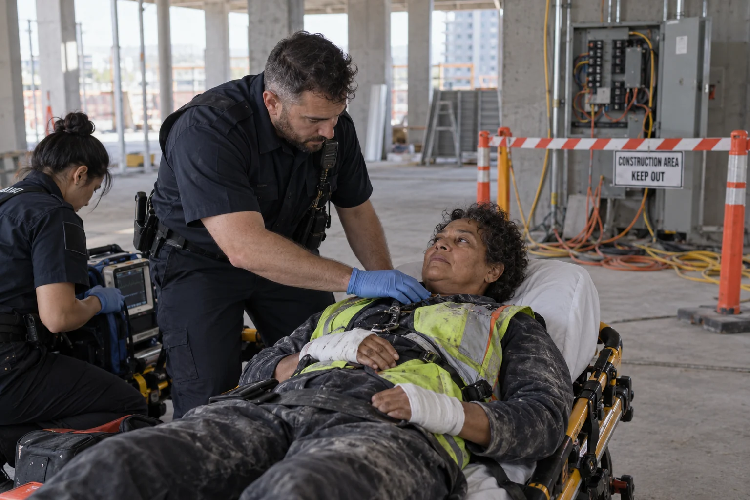 Paramedics assessing an injured electrician at an isolated construction work area.