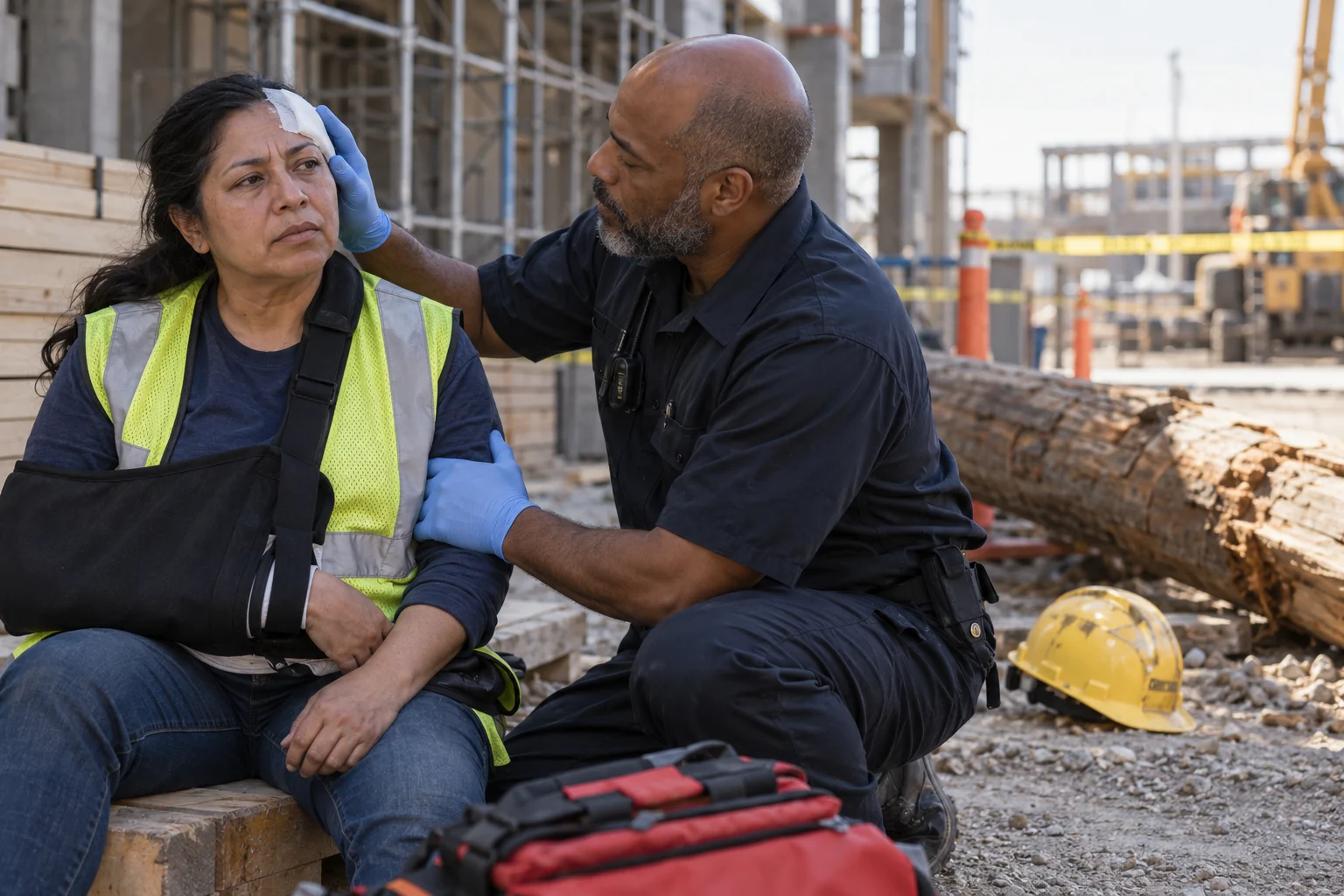 A medic treating a construction worker near a secured area with fallen materials.