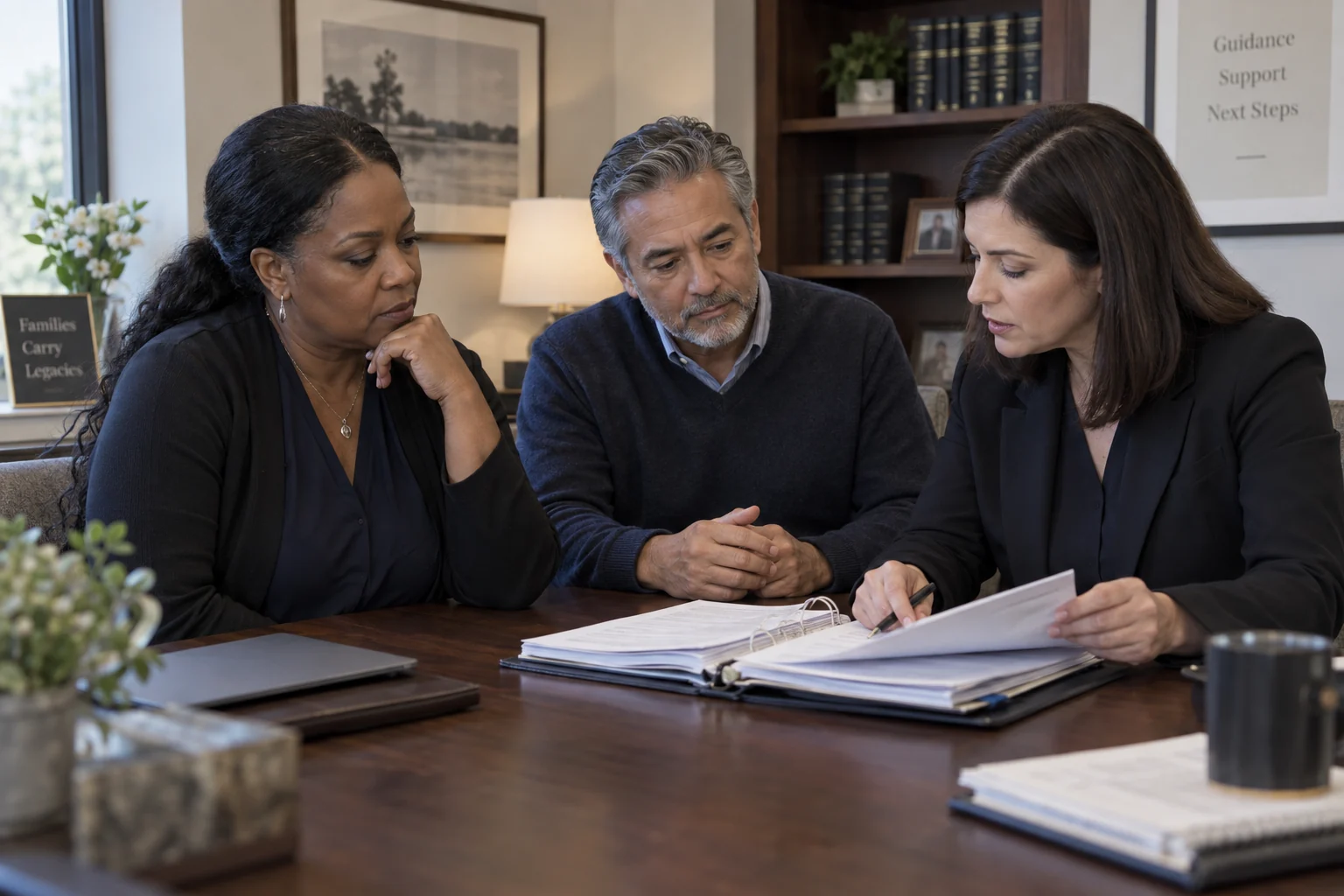 Family representatives reviewing estate paperwork with an attorney.