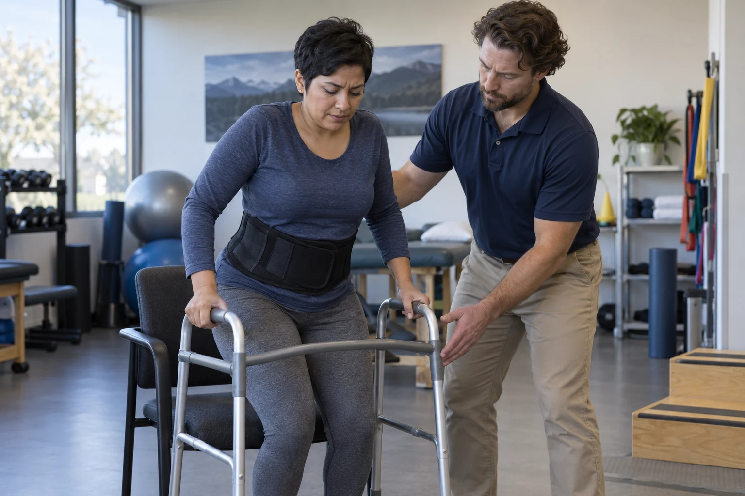 A therapist assisting a patient with supported standing during back rehabilitation.