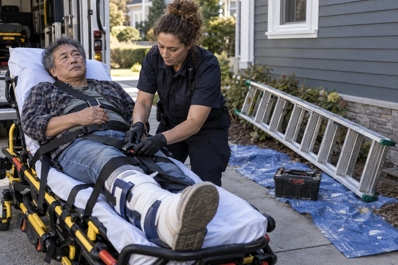 Paramedics securing an injured worker beside a fallen ladder.