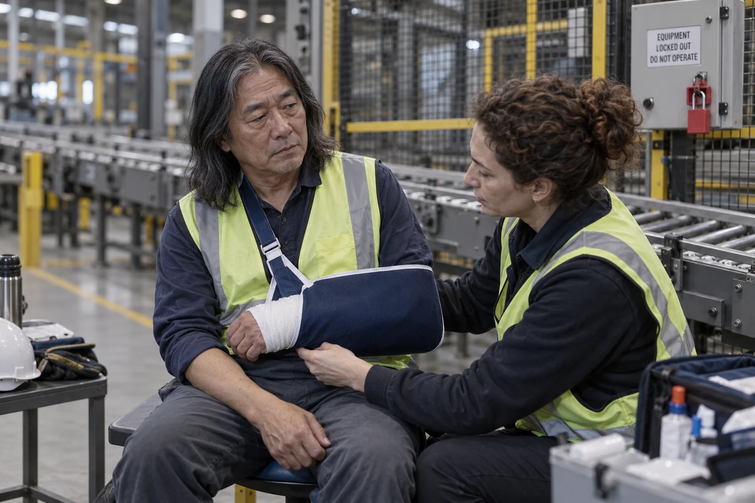 An injured worker receiving forearm care beside a secured conveyor area.