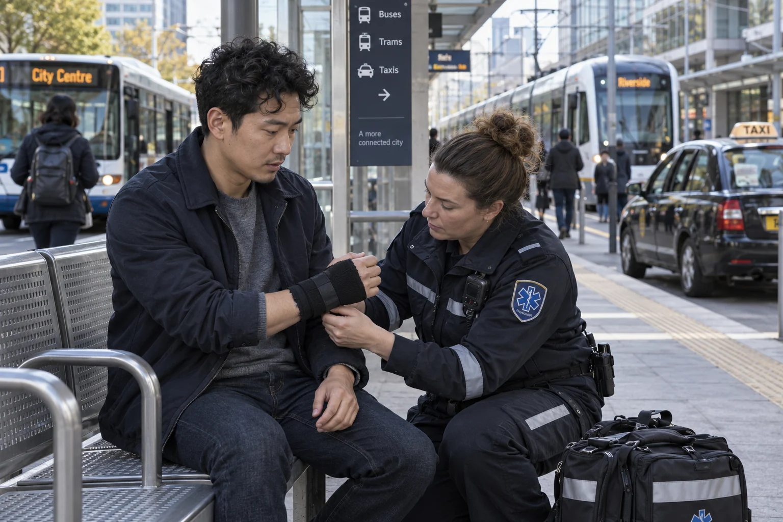 A commuter receiving wrist support at a city transport interchange.