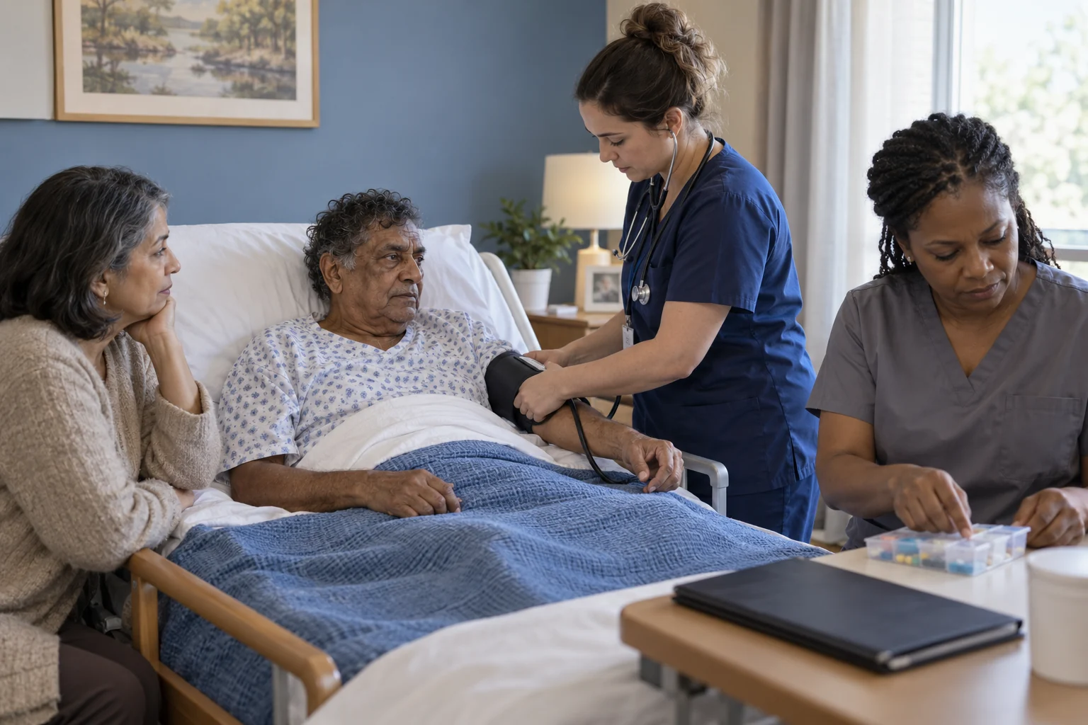 Clinicians reviewing medication records while monitoring an older resident.