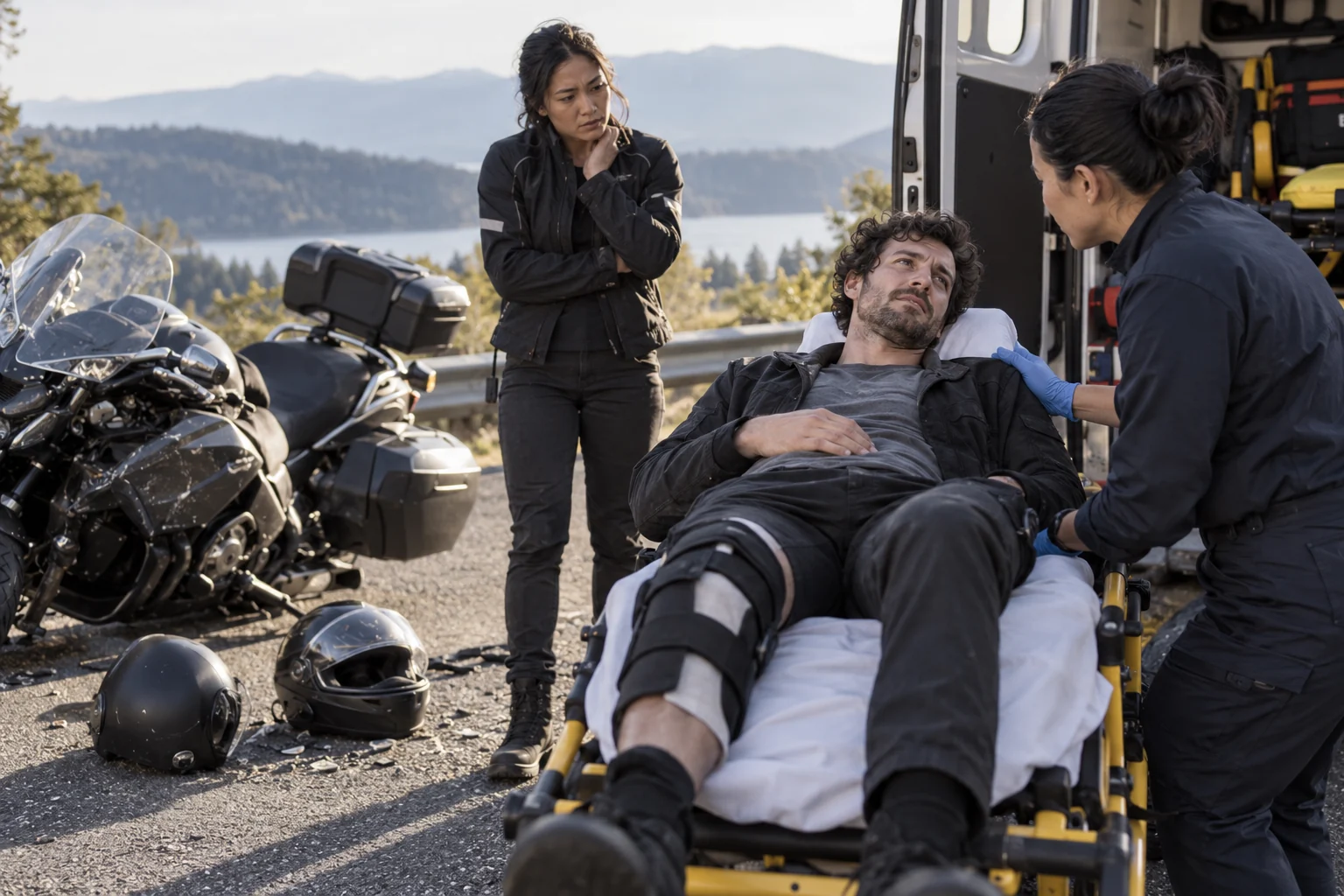 A motorcycle passenger receiving knee support beside two riding helmets.