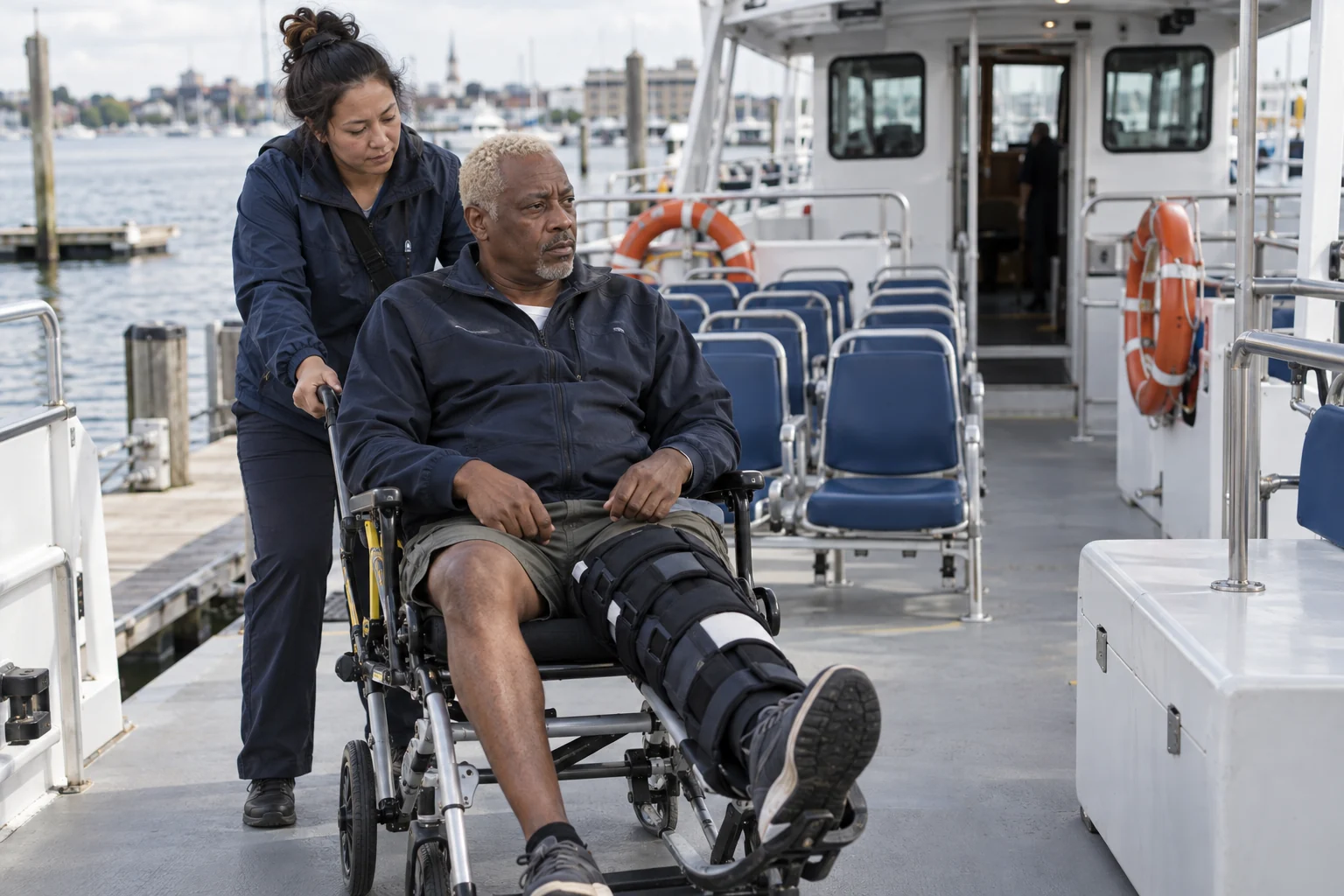 A charter-boat passenger receiving help with a knee injury on a moored vessel.