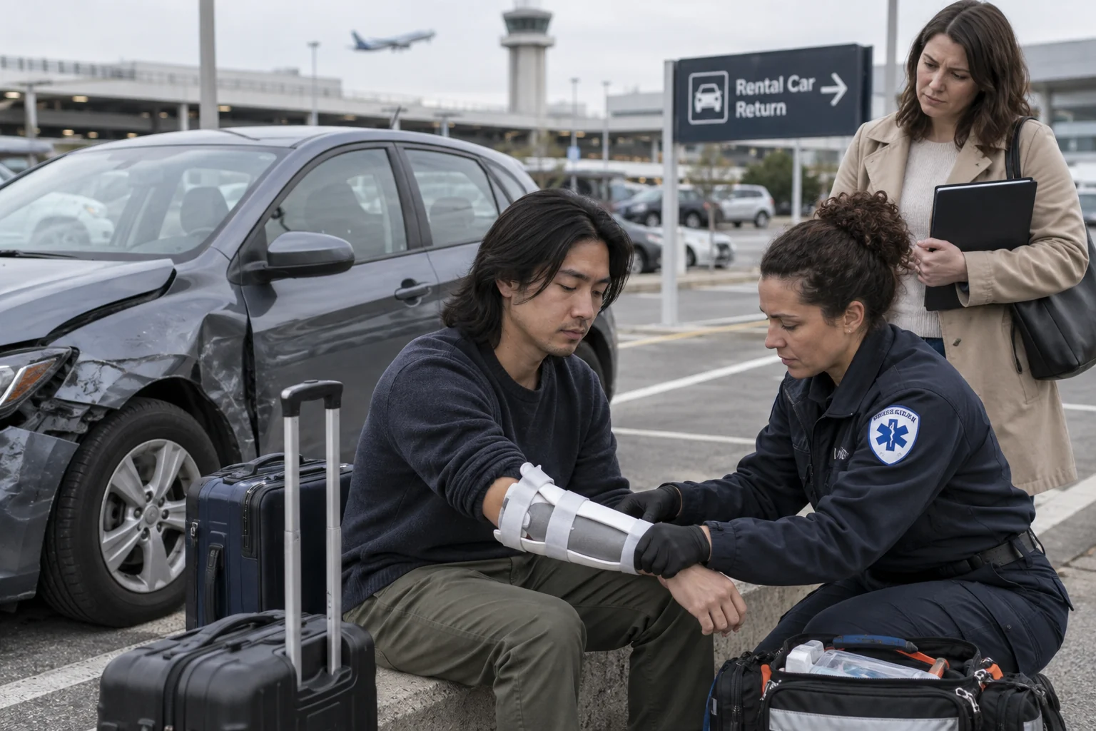A traveler receiving forearm treatment beside a damaged car and luggage.