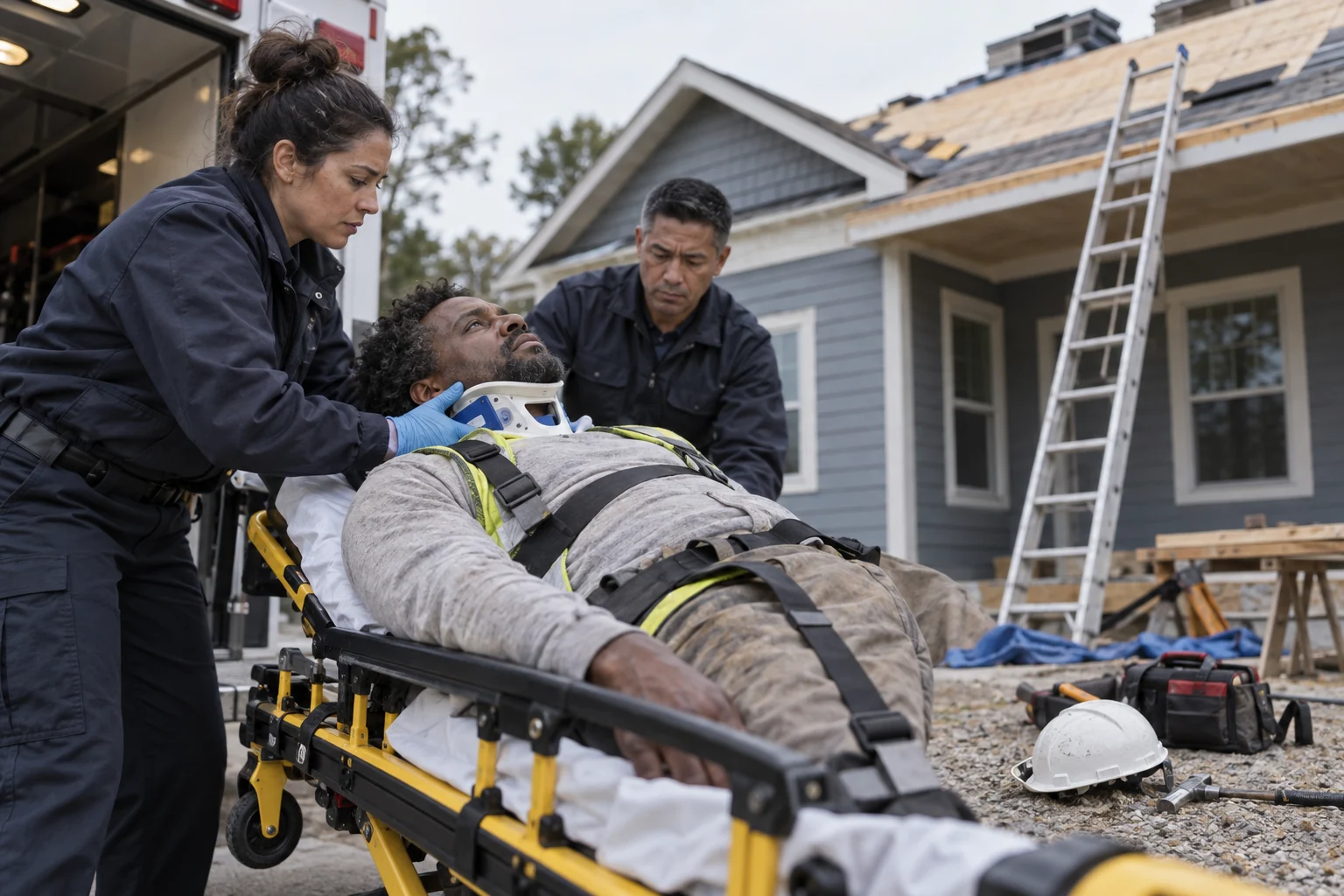 Responders preparing an injured roofer for transport beside a building site.