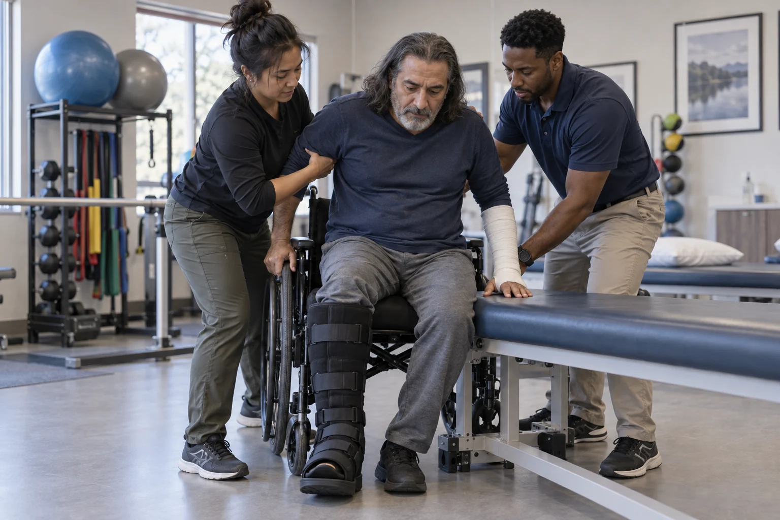 Therapists assisting a wheelchair user with immobilized limbs during rehabilitation.