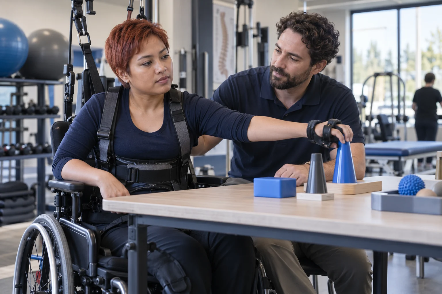An occupational therapist guiding adaptive exercises during spinal cord rehabilitation.