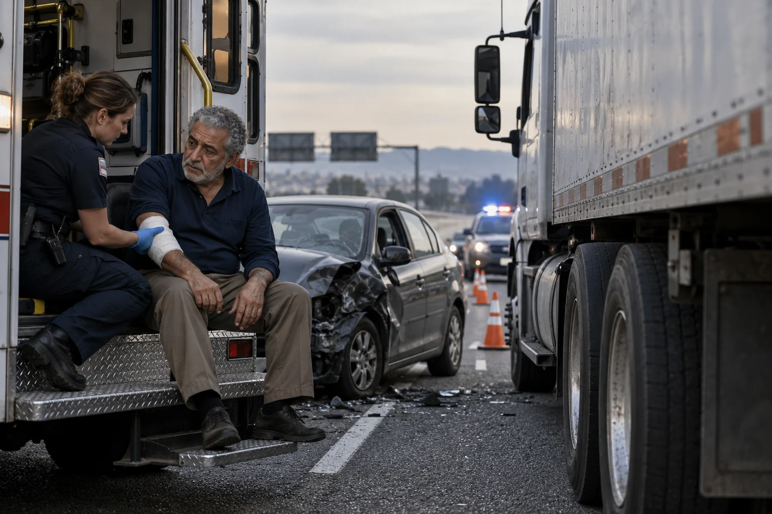 An injured adult receiving care beside a car and the passenger side of a large truck.