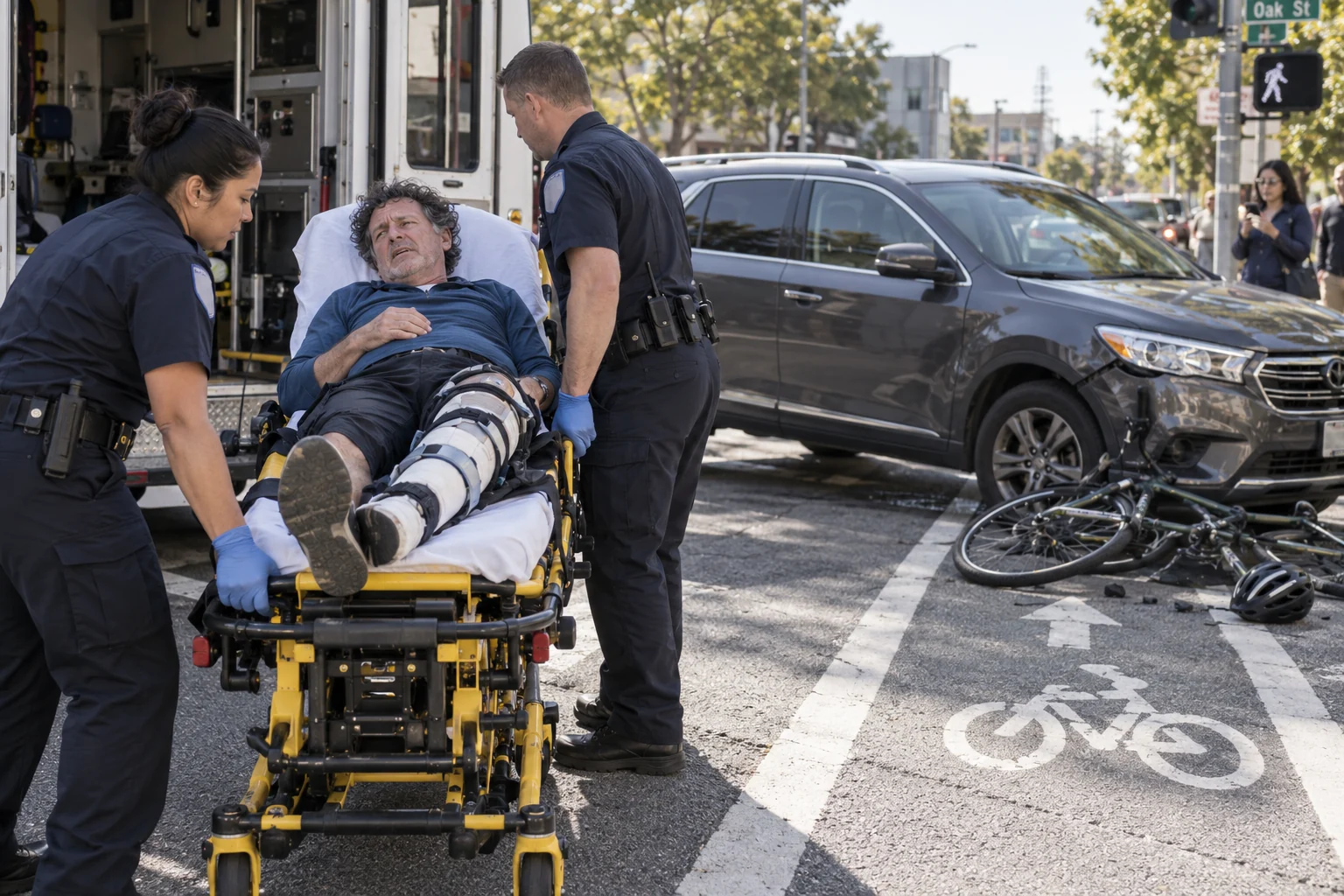 Responders transferring an injured cyclist beside a vehicle crossing a bicycle lane.