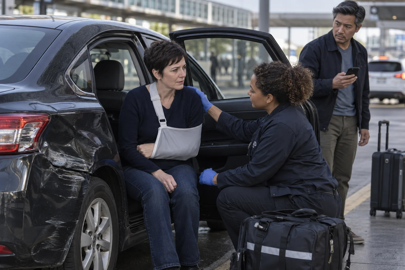 A rideshare passenger receiving shoulder care beside a damaged sedan.