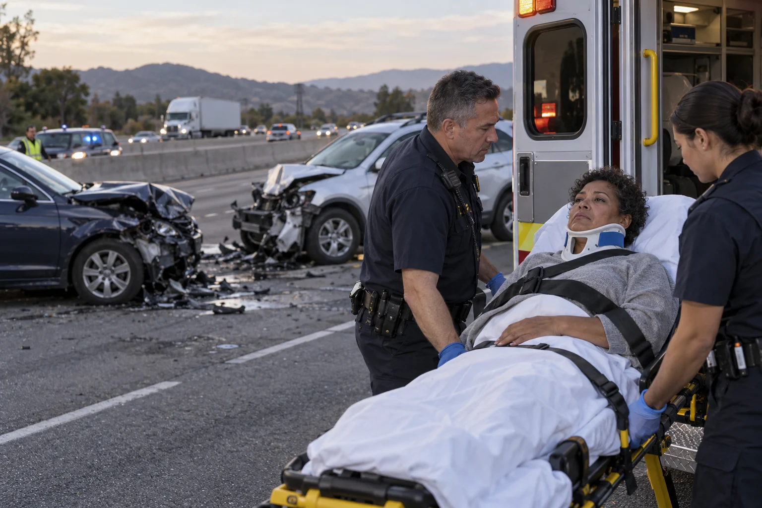 Paramedics transferring an injured adult after a collision on a divided highway.